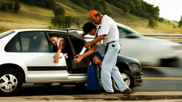 man and crying lady on side of the road in broken down jetta