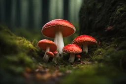 Hyperealistic low-level shot of a group of fly agaric mushrooms