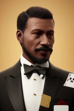 Dashing black man in a suit with gold trimmings. He's holding a deck of cards.