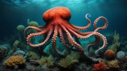 animals creatures, octopus, plants from subanautica from deep sea, leviathan's a lot of sea plants very deep, beautiful, river of magma, green and blue.