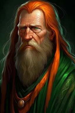 a man in his fifties, long flowing orange hair with bits of grey, medium length beard with bits of grey, long nose, narrow lips, grey eyes, dressed in a bright green robe, realistic epic fantasy style