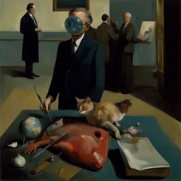 UN conference.a cat and human flesh-like surgical instruments and universe-like a pigeon and neuralink, surrealism,minimalism,Painting By Adrian Ghenie, Rene Magritte, Salvador Dali, Lucian Freud