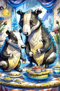 (fairy tale badger adult and little badger junior, animal by Monge)) an insanely beautiful smiling badger, extremely fine detailed fluffy fur, shining smiling eyes very well shabby chick dressed is baking a birthday cake with many light candles together with the smiling little badger, fine detailed fluffy fur, shining eyes shabby chick dressed in his kitchen with many pots: Background kitchen as in a cave, anatomically correct, flawless, full body shot, complete figure, by Monge, by Potter, by D