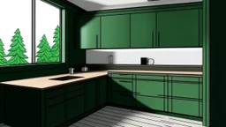 kitchen with dark green furniture, forest wallpaper on a white wall, on the left side next to the window there is a microwave and oven installed in the furniture, and on the right side 5 cm from the induction hob and a kitchen hood above it,