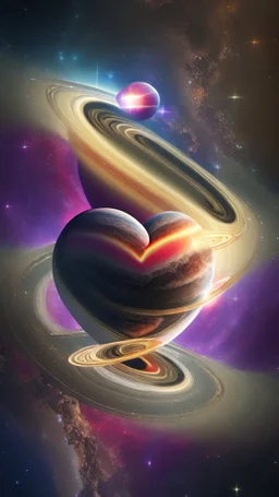 heart-shaped planet in space, with saturn rings , photorealistic