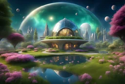 dream cosmic future city on a planet, small lake, particle, very pretty shrubs++, well-cut green grass and small flowers of all colors, small dome-shaped house, merveillous garden very fine, beautifull architecture, 4k, prety buterfly, background cosmic sky with stars