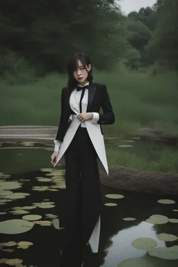 [modern] A woman in tuxedo around a pond