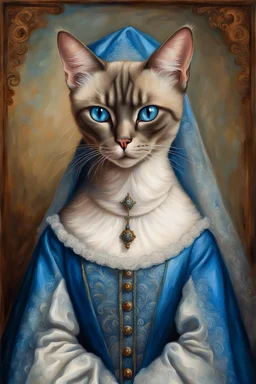 Portrait Renaissance Portrait of a female Siamese cat wearing classic mediveal gown and veil outfit, oil painting texture, piercing blue eyes, texture background