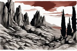 mountains, a gloomy rocky landscape, cypresses stretching up in the foreground, rocks and a bloody sky in the background