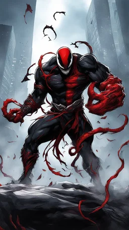 A close picture of Venom symbiote with kratos red tattoos and Clothes, holding blade of choice