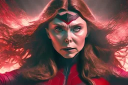 Mulher, feiticeira escarlate, rosto da atriz elizabeth olsen, rosto de wanda maximoff, cabelos ruivos, muito brava, wanda Marvel, expressão de raiva, 4k render, vilã, voando, imagem de longe, manipulando magia, raiva, corpo inteiro, olhos marcantes, mãos atirando magia do caos vermelha, cidade de destruição, cores frias, cinematográfico, dramático. Traje da wanda inspirado no filme doutor estranho no multverso da loucura da marvel, saindo magia de suas mãos,