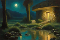 Night, rocks, puddle, mountains, beyond and trascendent influence, philosophic, 2000's sci-fi movies influence, emile claus and friedrich eckenfelder and auguste oleffe impressionism paintings