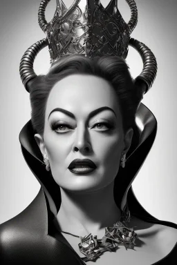 Joan Crawford as evil queen in black leather, busty, cleavage, dominatrix, curvy, angry, stern look. unreal 5, octane render, cinema4d, dynamic lighting, dramatic lighting, 4k, redshift render, highly detailed, hyper realistic,anthropomorphic