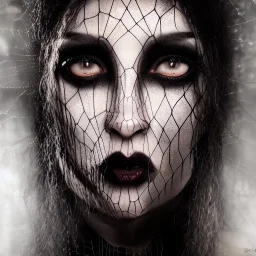 portrait of beautiful gothic woman with thick spiderwebs on face, dark, runny mascara, 8k, high-quality, fine-detail, black hair, intricate, sharp, crisp, digital art, detailed matte, illustration, octane render, brian froud, howard lyon, Anne Dittman, Anne Stokes, Lisa Parker, Selina French