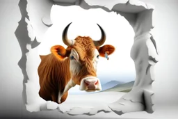 white,background,looking,through,a 3-d, broken,window,with,sharp,edges hole,watching,a,highland cow