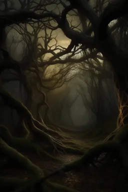 A dense, forgotten forest shrouded in perpetual twilight. Twisted branches claw at the sky, their leaves whispering secrets in the wind. The air hangs heavy with the scent of damp earth and decay.