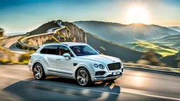 A sleek white shiny (((Bentley Porsche Bntayga SUPER))), its contours and details perfectly captured in a (((cinematic view))), zipping along a winding road under a beautiful blue black night sky