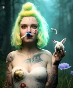 Ultra realistic wonderland photo, happy blonde woman smoking a pipe, blue dress, white rabbit pet, circus dress style, old school tattoo, smoke, marijuana garden, glow eyes, perfect iris, soft color, highly detailed, unreal engine 5, ray tracing, RTX, lumen lighting, ultra detail, volumetric lighting, high definition.