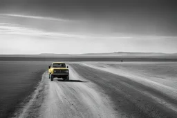The yellow sky looms over the endless expanse of yellow fields in the West. A small red truck sits parked at two-thirds down the dusty road, a lone beacon of color against the monochrome landscape. The air is heavy with the scent of dry earth and distant memories, the sun beating down relentlessly, casting long shadows that stretch across the arid plains.