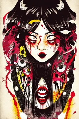 90s Japanese horror illustration, cartoonist Anime art, a woman screaming beheaded, bloody, splatter, gore art, pixelated art, high definition, giallo style, dario argento,