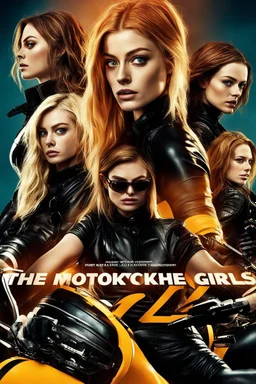 Poster for an action film called "The Motorbike Girls" starring Katherine McNamara, Margot Robbie and Georgia Henshaw wearing skin-tight leather catsuits.