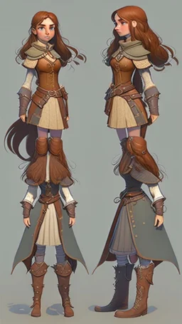 turnaround character of a girl, brown hair, she wears fantasy medieval clothes, she is slim, full body with boots