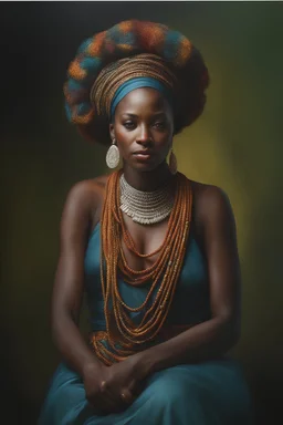 oil painting, in Paul Barson style, ((best quality)), ((masterpiece)), ((realistic, digital art)), (hyper detailed), Upper body Portrait painting of an African Queen, in artistic pose, vivid coloring, painted by Paul Barson