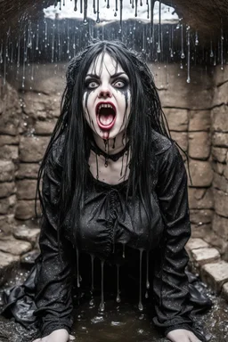 Closeup huge Girl goth with big eyes, fullbody, ragged clothes, slime rain, the perspective looking up from the bottom of an empty well, rolling eyes, tongue out, saliva drip, open mouth,