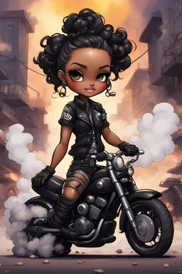 Create a urban art illustration of a chibi cartoon full figure black female riding a sports motorcycle. She is wearing tie dye and black tights with biker boots. Prominent make up with log lashes and hazel eyes. Extremely highly detailed black shiny wavy hair up in a messy bun. Background of smoke surrounding her and the bike and she's at a bike show.