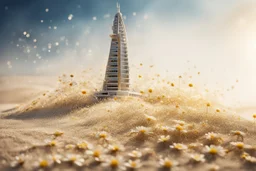 Burj al arab, made of daisy flowers in the sand in the sunshine, watercolor and black ink outlines, sparkling golden glitter, ethereal, cinematic postprocessing, bokeh, dof