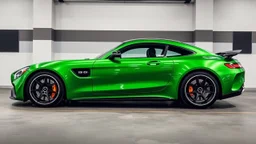 Mercedes-Benz AMG GT63s, green, with four side doors parked in a luxury garage, with the car facing right