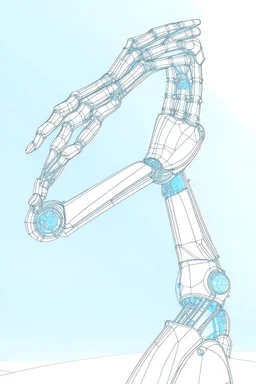 Draw mechanical arm with slender flexible structure and flexible joint drawing scientific papers. The three-dimensional structure in the figure needs to be filled with color, and the background uses the light blue sky composition.