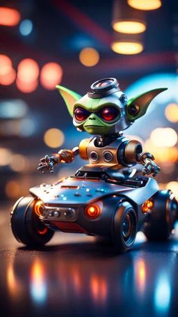 Gremlin pimp robot on roadster star ship ,bokeh like f/0.8, tilt-shift lens 8k, high detail, smooth render, down-light, unreal engine, prize winning