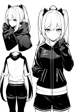 blonde girl with ponytails dressed in a jacket and shorts walks briskly, front view, greyscale