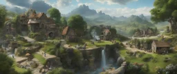 a busy outdoor surrealist market, in a beautiful surreal outdoor countryside summer scene, with hills, fields, & hedgerows, intricate dwellings, many pathways & stairways, streams, waterfalls, & a waterwheel : in the style of Salvador Dali & Hieronymus Bosch, very high detail, photorealistic, epic cinematic, 8K, Large depth of field