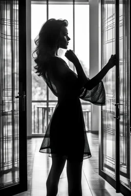 behind a glass door dancing a silhouette of one nice woman, high quality, highly detailed, stunning, high realistic picture, impressive, sharp focus, perfect body, perfect shot, professional photo, noir