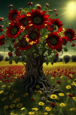 A sunflower tree surrounded with red poppies growing out of a zombie