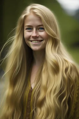 portrait of a Norwegian woman with super long blond hair, warm-hearted