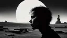 black and white portrait, a human face in profile, gaze into nothingness, three red engraved stripes on the face, alone, pain, background behind it a surreal, barren landscape, ruins, and a black sun. dark, thriller, gloomy vibe, utopian, dramatic