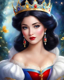 Digital painting style. In dreamland's embrace, a princess divine, With a face as pure as snow, a radiance that shines, Her crown sparkles with gems, crafted for a queen, In paradise she dwells, where beauty is seen, A vision of grace, her presence enchants, A symbol of love, in dreams she enchants. portrait of snow white, adorable digital painting, colored ink, beautiful artwork, vibrant colors, 4k, high quality, high detailed