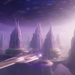 futuristic city with astroport and transparent bridges, galactic landsacape with multicolored crystals falling from the sky, full of details, smooth, bright sunshine，soft light atmosphere, light effect，vaporwave colorful, concept art, smooth, extremely sharp detail, finely tuned detail, ultra high definition, 8 k, unreal engine 5, ultra sharp focus, Retrowave