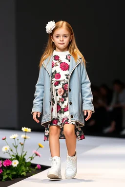 3 years old german girl with fashion modern clothing in runway with flowers