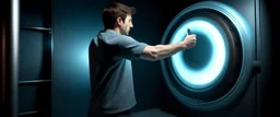 scared man sticks his arm into teleportation device portal for testing, the arm comes out of a portal behind his back