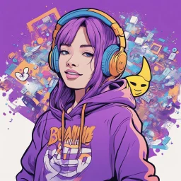 masterpiece, intricate details, a wide angle 2D anime bold line flat colour illustration of a cheerful girl in a high purple hoodie and headphone in hip hop style, dopamine style, overlaying mixed patterns of pop art text and emoji device installations, sharp focus, charming character illustration, beautiful vibrant kuler palette gradient