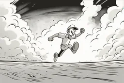 mostly sky, ground line at bottom, small cartoon character running towards the right side, leaving behind a cloud of dust. style of looney toons cartoon