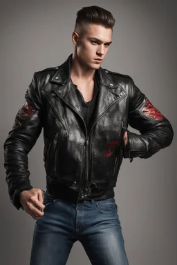 full body portrait, Head to waist image, an extremely muscular, 20-year-old Elvis De King aka black leather Biker's jacket, with short, buzz-cut dark blonde hair, mustache, goatee, bright, cobalt eyes, wearing the Kingdom Come Black Leather Biker's jacket, shaking hips, Dancing, fist pumping, playing a Cherry Red Hagstrom Viking II guitar, digital photograph, dark misty, foggy background, moon light, trees, forest animals