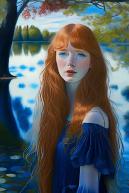 A beautiful teenage girl with long flowing strawberry blonde hair with a fringe, real life deep dark blue eyes reflecting her surroundings, a smooth and beautiful face and a flowing blue dress standing by a lake with cherry trees around staring into the distance dreamily