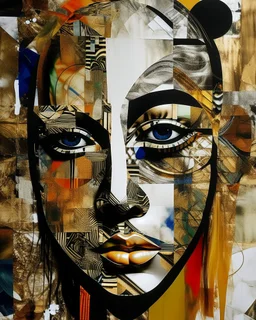 an extreme abstract acrylic and ink and battered paper photo collage poster of an unexpected mentioned in an arafed improbability made of misunderstanding with a checkered juxtaposition, claustrophobic liminal space, vague resemblances of curved twisting stylized head wearing tribal mask, tribal patterns, memories of negative space, amazing reflections, amazing curves, amazing transparency, split vibe, double exposure influence, heavy zigzag vibe, side view, noir automation, retrofuturism, overs