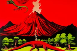 A red volcano with reptiles with healing fire painted by Andy Warhol