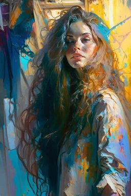 A bohemian artist with long, wavy, ombre hair and expressive, hazel eyes, wearing a paint-splattered smock and surrounded by her colorful, abstract artwork in a sunlit studio, in the style of Aleksi Briclot, Charlie Bowater, Dean Cornwell, and Pino Daeni